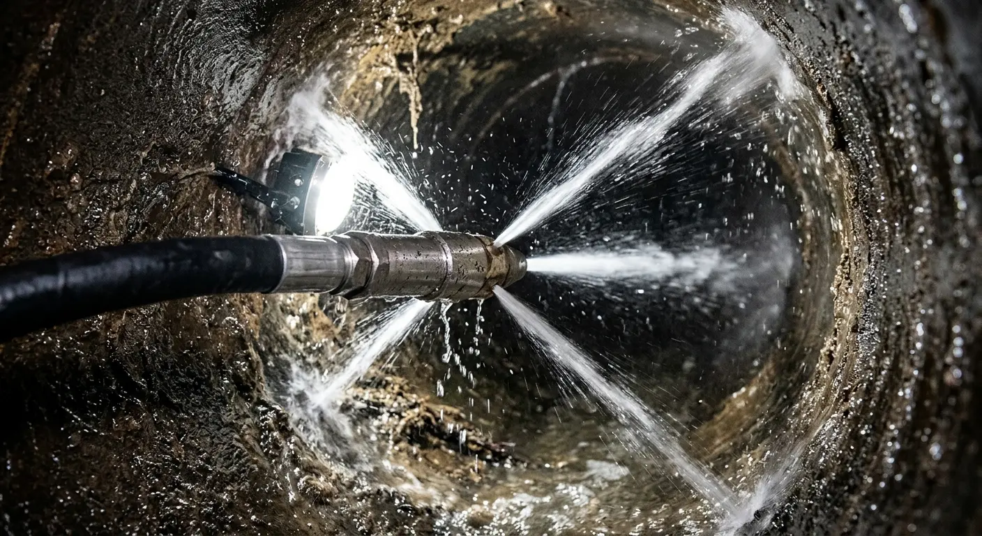 High-pressure hydro jetting nozzle cleaning sewer pipe for Emergency Drain Service in Point Pleasant