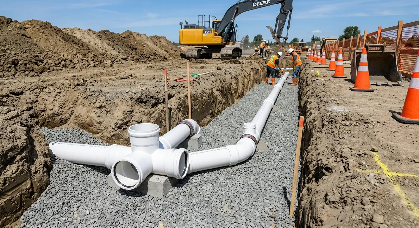 New PVC sewer pipe installation in open trench for Commercial Drain Cleaning in Point Pleasant