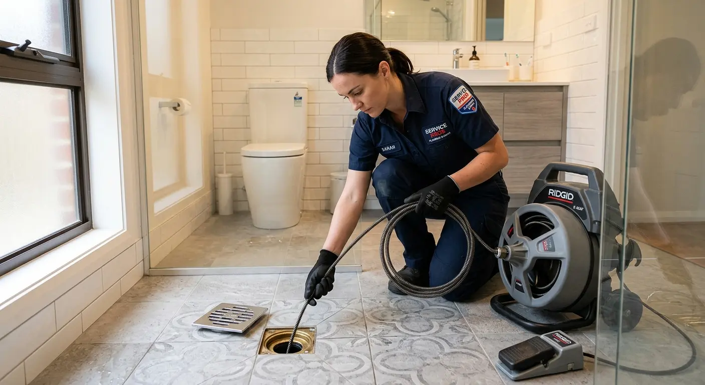 Technician clearing a bathroom floor drain for Clogged Drain Repair in Point Pleasant